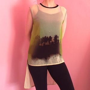 Zara collection sheer long shirt tunic Green Black Palm Trees Size small